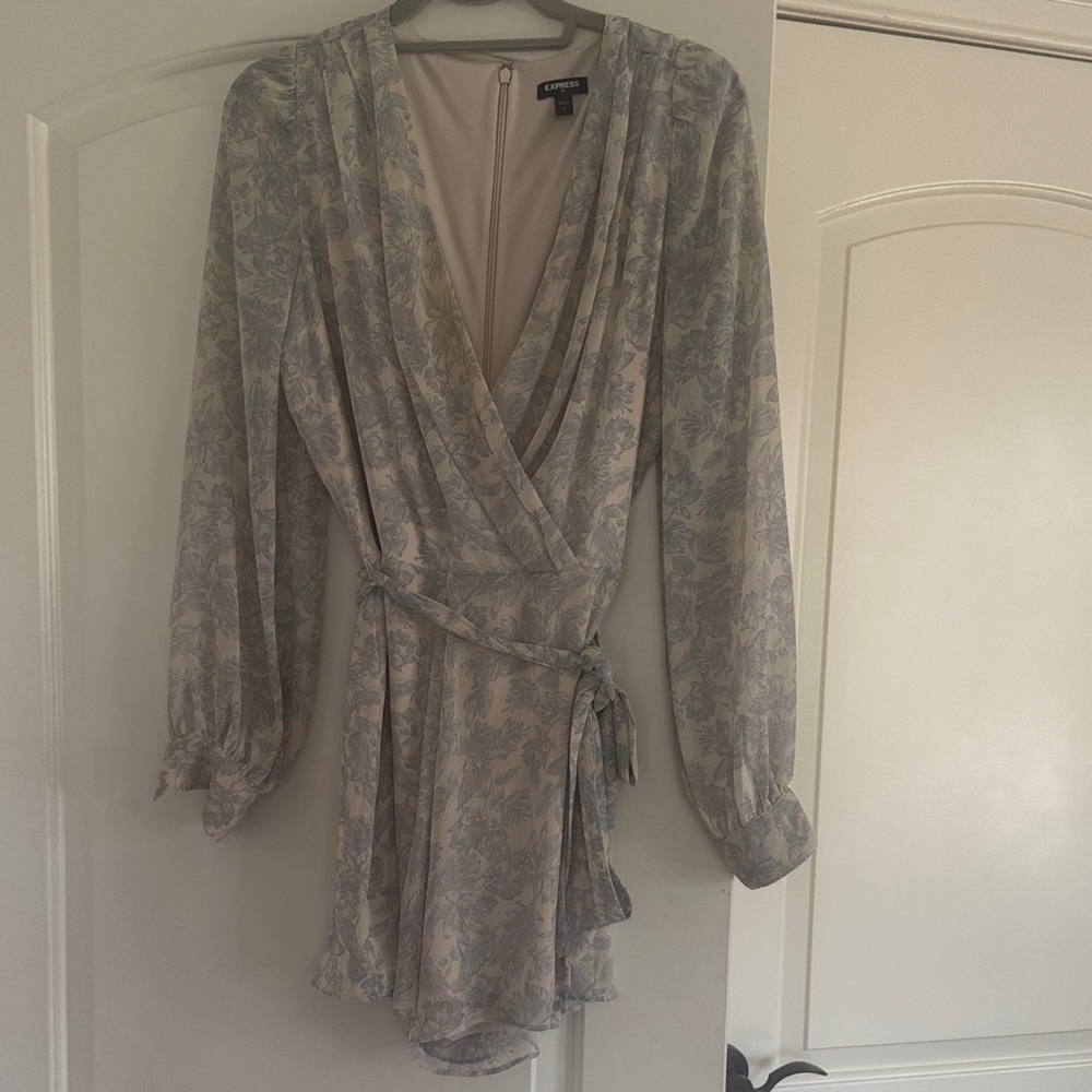 Express Light Blue and Cream Floral Wrap Romper